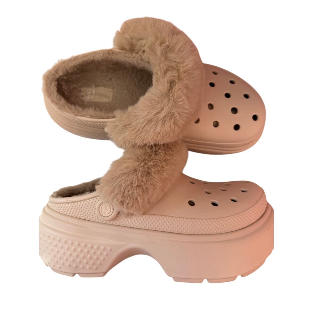 Crocs Classic Mammoth Luxe Lined Clog Bone Tan Faux Fur Women 11 / Men 9 - Picture 4 of 5